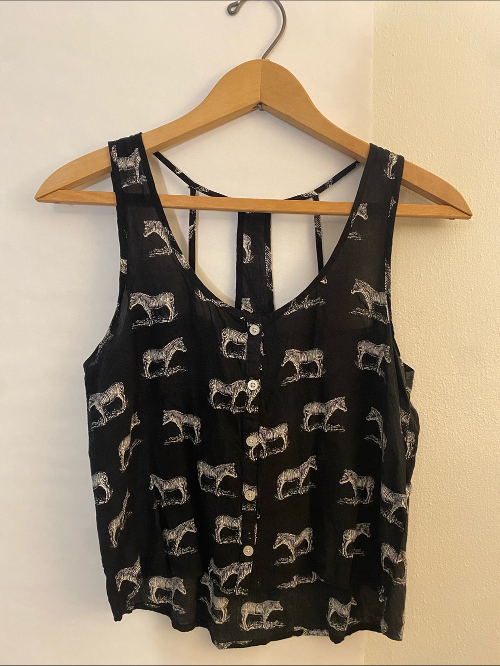 Aeropostale Black Tank with Cute White Zebra Print and Button Front